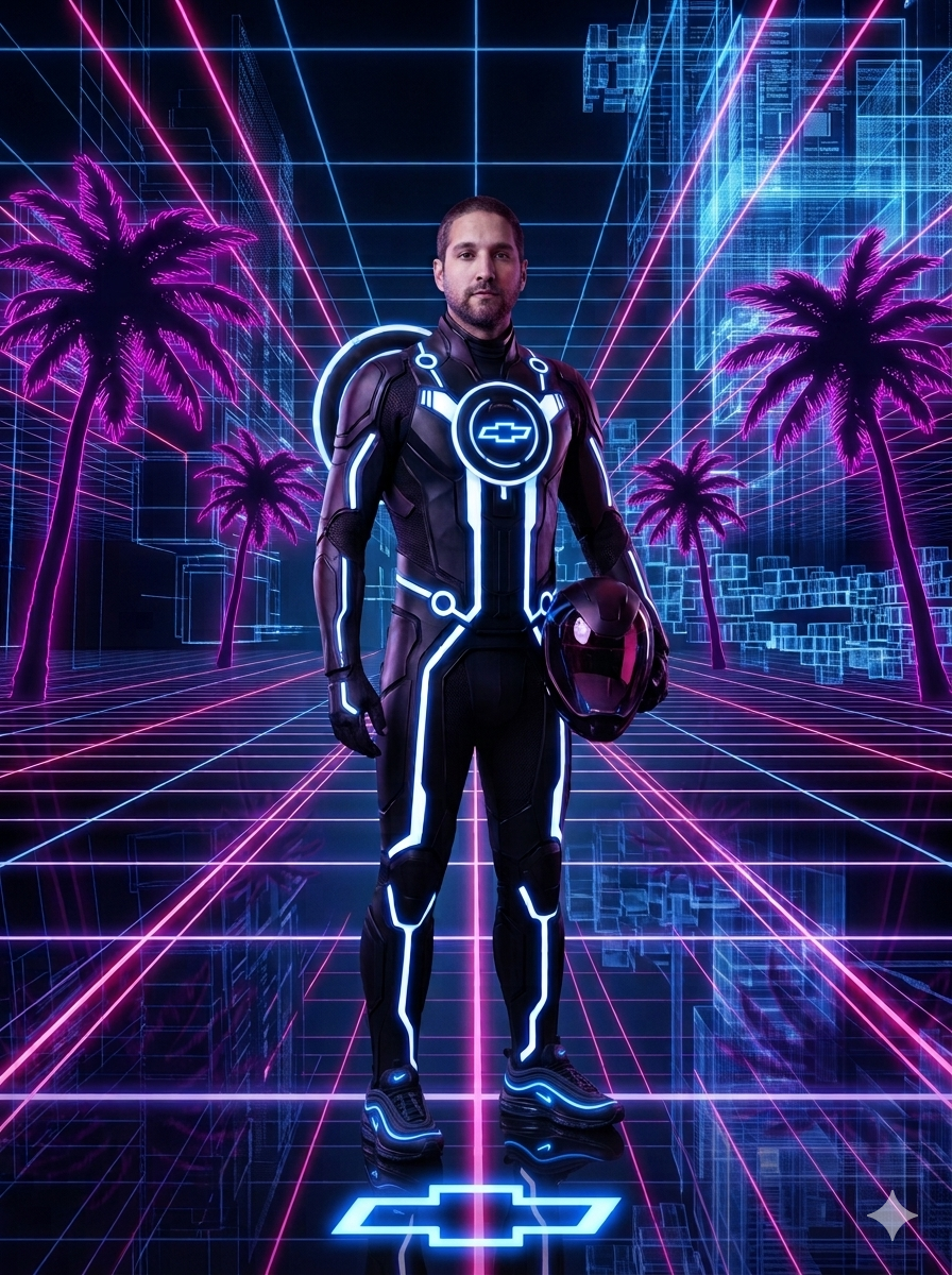Neon figure standing in a retro grid city