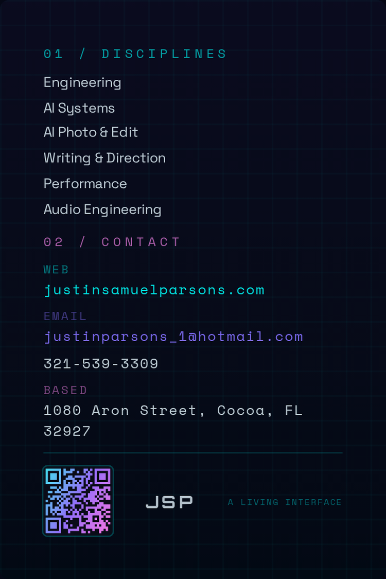 Justin Samuel Parsons vertical business card back