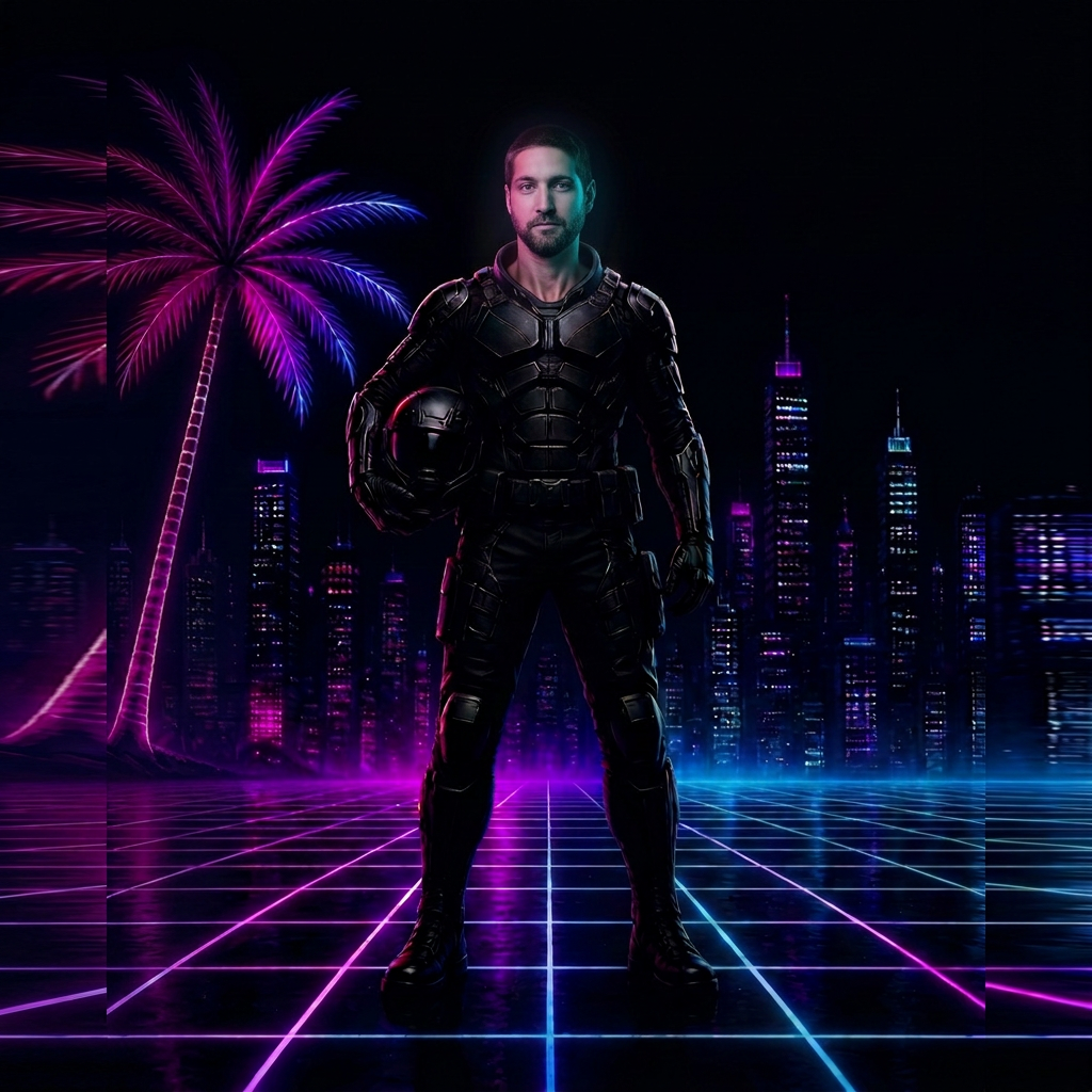 Signal Identity artwork: armored figure on a neon Ohm Wave grid