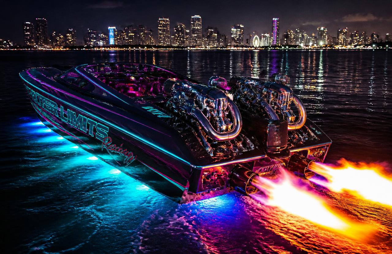 Custom offshore speedboat with twin-turbo engines shooting flames from transom exhausts against the Miami skyline